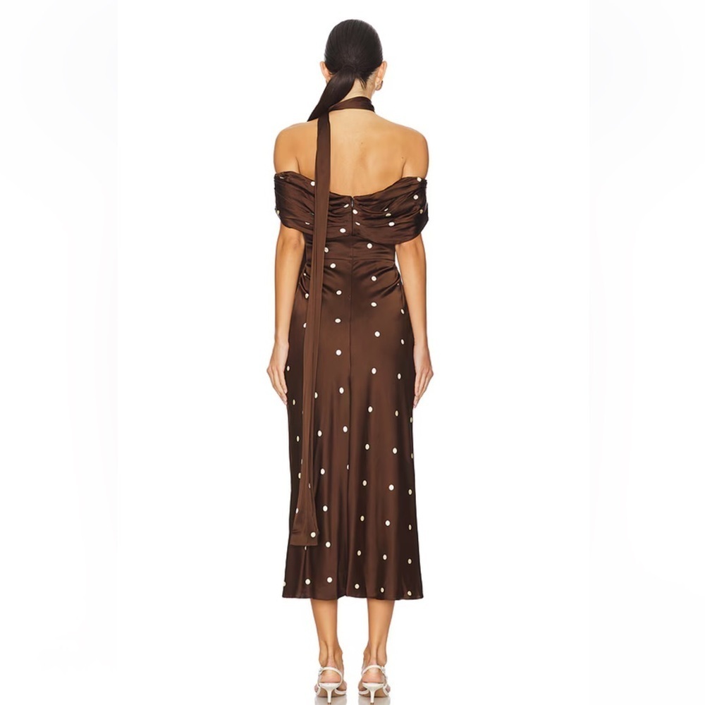 LPA Luisa Midi Dress Brown & CreamPolka Dot satin Revolve NWT XS - Picture 2 of 11